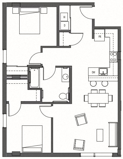 Floor plan for 2 beds, 1 bath, 1019 sqft